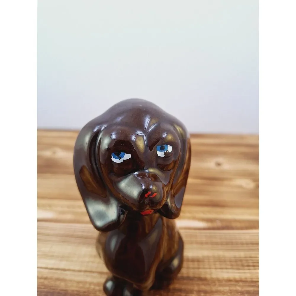 Vintage Dog Figurine Brown Glazed With Big Eyes 5